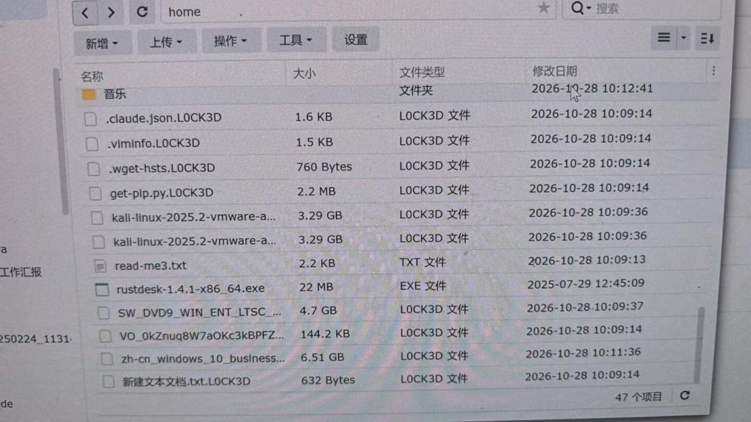 受害者群晖 File Station 目录下文件被批量追加 .L0CK3D 后缀并生成 read-me3.txt